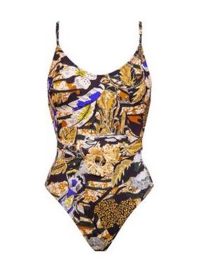 Watercult Australia:Tropical Print One-Pc Swimsuit- Black,Gold,Blue. S.12 D Cup